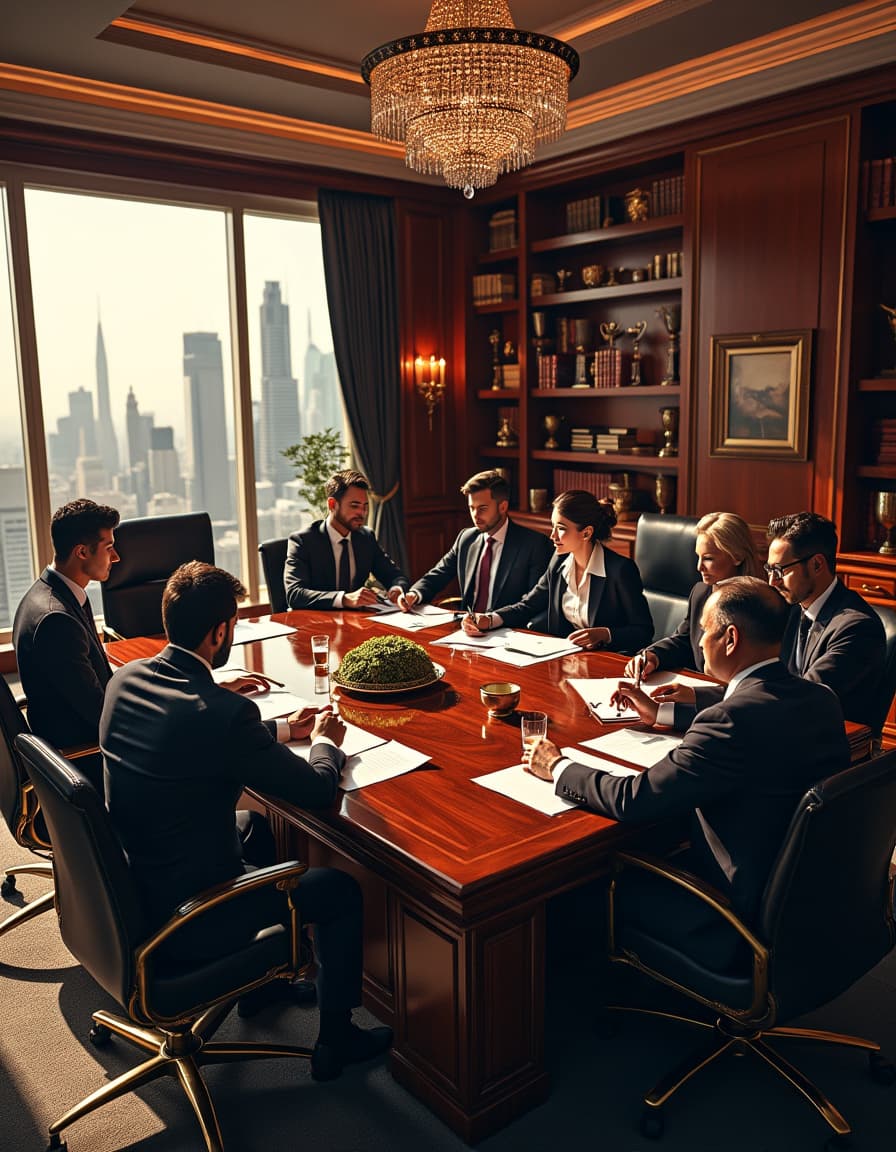 Lawyers in conference around a boardroom table with a city skyline beyond