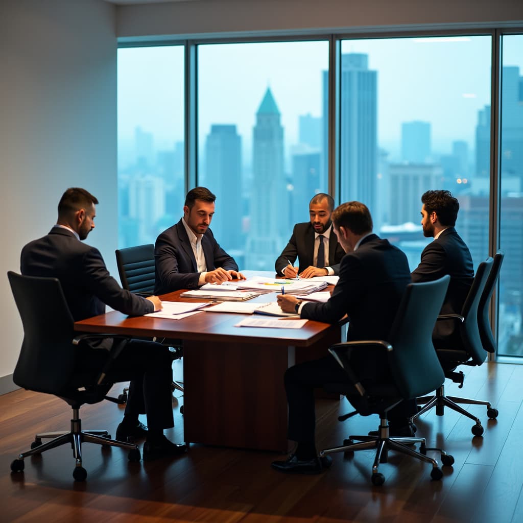 Meeting under way in a modern conference room overlooking a city